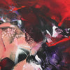 Expressive abstract canvas art with earthy tones of red, black, and purple blended together in a dynamic, textured composition.