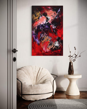 Vibrant abstract canvas art | Expressive Scarlet Whispers 30x48" | Earthy color palette, bold brushstrokes, modern artwork for home decor
