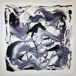 Minimalist abstract artwork with swirling shades of gray, black, and purple against a white background, conveying a sense of movement and emotion.