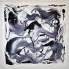 Minimalist abstract artwork with swirling shades of gray, black, and purple against a white background, conveying a sense of movement and emotion.