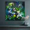 Large abstract painting of a vibrant green and blue landscape with bold, expressive brushstrokes displayed on a gray wall alongside a simple vase with white flowers.