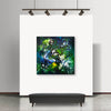 Large abstract painting of vibrant green, blue, and yellow hues displayed in modern gallery setting with track lighting.