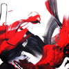 Bold abstract artwork with striking red and black brushstrokes creating a dynamic, expressive composition