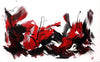 Bold abstract landscape with dynamic black, white, and vibrant red brushstrokes in a contemporary, expressive composition.