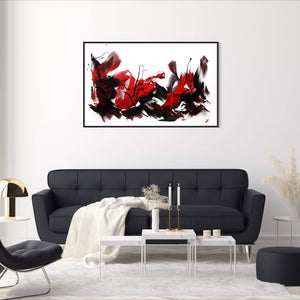 Vibrant Abstract Landscape | New Is My Love 30x48" - Abstract painting with bold red, black, and white brushstrokes on canvas, displayed in a modern living room setting.