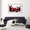 Vibrant Abstract Landscape | New Is My Love 30x48" - Abstract painting with bold red, black, and white brushstrokes on canvas, displayed in a modern living room setting.