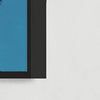 Large abstract square artwork with blue and white colors displayed in a modern frame