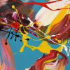 Colorful abstract artwork with vibrant splashes of red, yellow, blue, and pink creating a dynamic and energetic composition on a turquoise background.