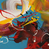 Vibrant abstract artwork with dynamic brushstrokes and a vibrant color palette including blues, reds, yellows, and whites. The composition features bold, expressive brushwork and a sense of movement and energy, creating a visually striking and captivating piece of modern art.