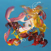 Vibrant abstract painting depicting a dynamic, colorful composition with swirling, energetic brushstrokes in shades of red, yellow, pink, and white against a blue background. The abstract artwork features an expressive, bold, and playful visual style, showcasing the artist's creative expression through the use of vivid colors and expressive brushwork.