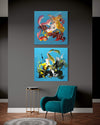 Vibrant abstract diptych | Colorful modern artwork with dynamic shapes and brush strokes | Large-scale original canvas paintings for home or office decor | Earthy abstract art by Paresh Nrshinga