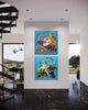 Diptych painting | Summer In The City I and II 40x80"
Two large, colorful abstract paintings hang on the white wall in a modern, minimalist interior setting. The artworks feature bold, vibrant brush strokes in a range of earthy tones and complementary colors, creating a dynamic and visually striking display.