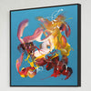 Vibrant abstract painting with dynamic strokes of red, yellow, and blue against a turquoise background, creating an energetic and lively composition. The bold, colorful brushwork and abstract elements make this a striking contemporary artwork.