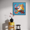 Vibrant abstract painting | Colorful square artwork with dynamic brushstrokes and expressive shapes in a modern home setting