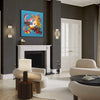 Vibrant Abstract Artwork | Contemporary abstract painting of vibrant colors and shapes displayed in a modern living room setting with gray walls, white furniture, and a fireplace.