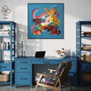Vibrant abstract artwork | Colorful contemporary painting displayed in a modern home office setting with a blue wooden desk, shelves, and a comfortable chair.