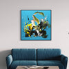 Vibrant abstract artwork with dynamic brush strokes and bold colors, showcased on a modern wall with a teal blue sofa in the foreground.