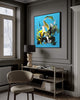 Vibrant abstract square painting displayed on wall. Earthy-toned abstract artwork with dynamic brushstrokes and shapes. Modern artwork adorning a sophisticated living space with wooden furniture and shelving.