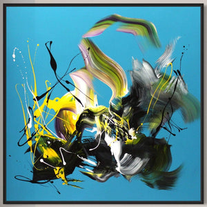 Colorful abstract square painting with dynamic brushstrokes and splashes of vibrant yellow, green, and black hues against a striking blue background
