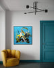 Vibrant abstract square painting: Gestural Art | Summer In The City I 100x100cm, hanging on the wall in a modern, minimalist living space with a teal blue door and a yellow upholstered chair.