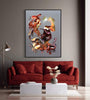Large abstract canvas painting of dynamic, colorful shapes in warm hues of orange, red, and gold, displayed above a plush red sofa in a modern living room setting.