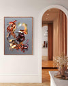 Vibrant abstract canvas painting depicting dynamic, earthy-toned shapes and brushstrokes, displayed prominently in a modern, elegant interior with warm lighting and architectural details.