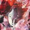 Vibrant abstract canvas art featuring bold strokes of red, pink, and black paint creating a dynamic and expressive composition.
