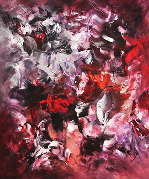 Abstract Floral Burst | Large Vibrant Painting with Bold Brushstrokes and Striking Red, Pink, and White Hues
