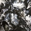 Large abstract black and white painting depicting gestural brushstrokes and shadows on a monochrome background.