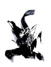 Abstract monochrome artwork featuring dynamic, expressive brushstrokes in black and white. The artwork displays a striking visual composition with bold, gestural elements that create a sense of movement and energy.