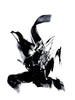 Abstract monochrome artwork featuring dynamic, expressive brushstrokes in black and white. The artwork displays a striking visual composition with bold, gestural elements that create a sense of movement and energy.