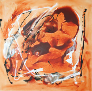 Vibrant abstract painting depicting a dynamic composition of orange and white hues, with fluid brush strokes and intricate details, showcasing the artistic style of Paresh Nrshinga.
