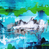 Textured abstract art with vibrant teal and green brushstrokes, creating a serene, underwater landscape. The focal point is a cluster of white and gray shapes resembling rocks or mountains emerging from the water against a backdrop of lush, verdant foliage.