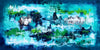 Vibrant abstract landscape painting with teal, green, and blue hues depicting an underwater kingdom with various organic shapes and forms.