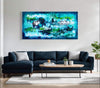 Teal Abstract Art | Underwater Kingdom I 36x72" - Vibrant, large-scale abstract landscape painting featuring an ethereal, underwater-inspired scene with striking blues, greens, and metallic accents, displayed on a modern living room wall.