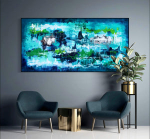 Vibrant Teal Abstract Art | Underwater Kingdom I 36x72"
Captivating abstract landscape painting featuring an underwater scene with whimsical shapes and earthy tones, displayed on a wall in a modern living space with gray armchairs and a potted plant.