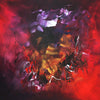Vivid abstract painting with swirling, expressive brushstrokes in vibrant shades of red, orange, and purple on a dark background.