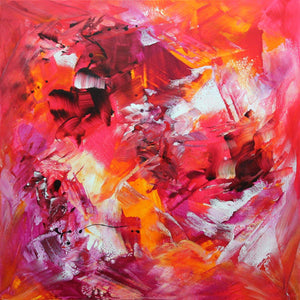 Vibrant abstract art with dynamic brushstrokes in shades of red, orange, and pink. Expressive, textural painting with a bold, energetic composition.
