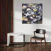 Square Abstract Painting | Golden Snowflakes 100x100cm - Vibrant abstract artwork with dynamic brushstrokes and earthy hues, displayed on a wall in a modern living space.