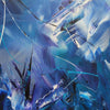 Abstract blue canvas painting with expressive brushstrokes and shapes