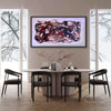 Extra Large Abstraction | Secret Garden 26x48" - Vibrant abstract landscape painting displayed in modern dining room with wooden furniture and minimalist decor.