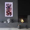 Large abstract painting featuring a vibrant, colorful composition with dynamic brushstrokes and textures. The artwork is displayed on a wall in a cozy, fireplace-lit living room setting, accompanied by decorative elements such as a coral, pumpkin, and other natural objects.