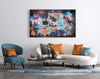 Large abstract landscape painting | Northern Mirage 36x60" displayed on living room wall, surrounded by modern furniture and decor items