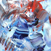 Vibrant abstract square canvas painting featuring bold brush strokes in shades of blue, red, and white. Energetic and dynamic modern art piece.
