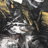 Vibrant abstract painting with bold brushstrokes in earthy tones of yellow, black, and white. The dynamic composition creates a sense of movement and energy, evoking an ethereal and atmospheric landscape.