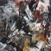 Dramatic abstract landscape painting with swirling brushstrokes of earthy brown, grey, and golden hues, creating a sense of depth and movement on the canvas.