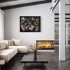 Pollock Art | Moonlight Over Paris 100x130cm - Large abstract landscape painting featuring earthy colors and modern art style, displayed on a wall in a cozy living room with a fireplace and comfortable seating.