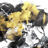 Expressive abstract art with bold strokes of yellow and black paint against a dark background, creating a dynamic and emotive visual composition.