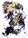 Abstract expressionist artwork with bold black and yellow paint strokes against a white background.