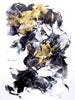 Abstract expressionist artwork with bold black and yellow paint strokes against a white background.
